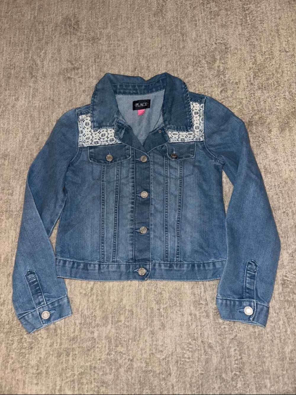 The Children's Place Blue Denim Jacket with White Lace Accents 10/12 Girls